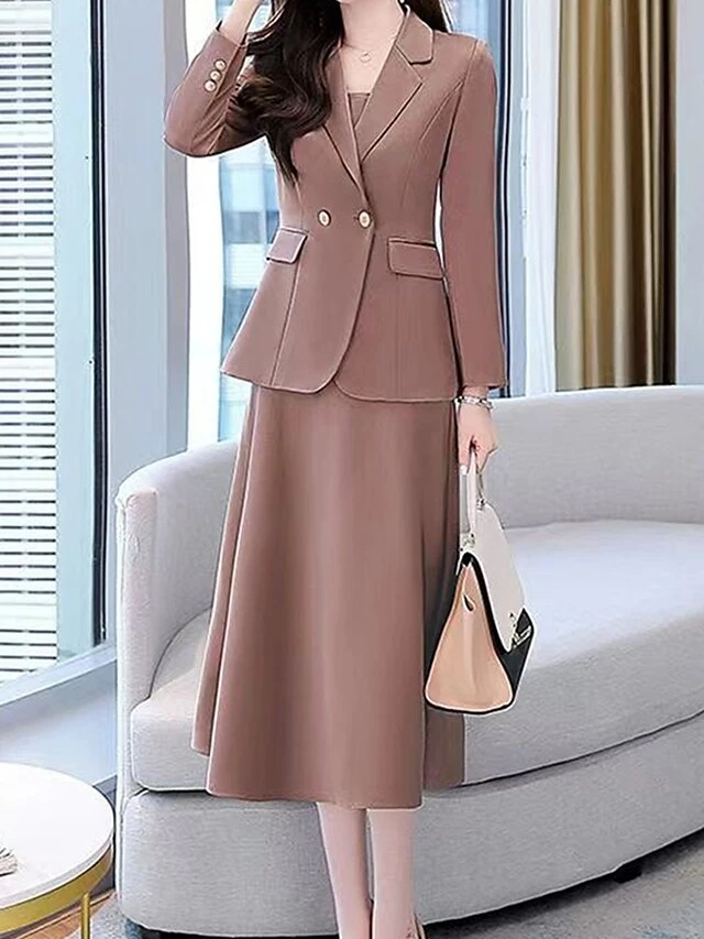 Women's Two Piece Dress Set Work Dress Skirt Set Formal Office Streetwear Elegant Button Pocket Midi Dress Shirt Collar Long Sleeve Plain Regular Fit Black Purple Beige Fall Winter M L XL XXL 3XL 2 Women's Two Piece Dress Set Work Dress Skirt Set Formal Office Streetwear Elegant Button Pocket Midi Dress Shirt Collar Long Sleeve Plain Regular Fit Black Purple Beige Fall Winter M L XL XXL 3XL - Image 2
