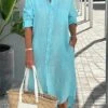 Women's Shirt Dress Cotton Linen Dress Casual Dress Midi Dress Cotton Blend Fashion Classic Outdoor Daily Vacation Shirt Collar Button Pocket 3/4 Length Sleeve Summer Spring Fall 2023 Loose Fit Blue
