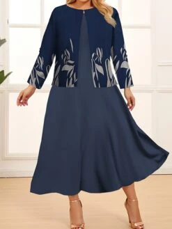 Women‘s Plus Size Curve Two Piece Dress Set Casual Dress Swing Dress Outdoor Office Fashion Streetwear Print Midi Dress Crew Neck Long Sleeve Geometric Color Block Regular Fit Black Navy Blue -HAYz Clothing Shop tytulg1692078973605