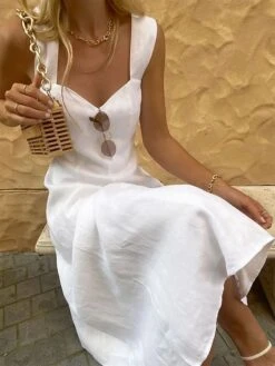 Women's Casual Dress Cotton Linen Dress Maxi Long Dress Cotton Blend Fashion Modern Outdoor Daily Vacation V Neck Ruched Sleeveless Summer Spring 2023 Regular Fit White Plain S M L XL 2XL