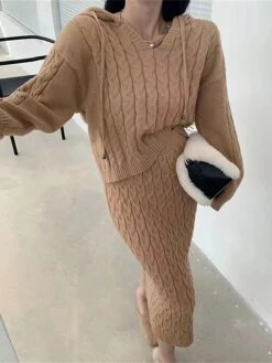 Women's Two Piece Dress Set Casual Dress Skirt Set Outdoor Daily Fashion Streetwear Patchwork Midi Dress Hooded Long Sleeve Plain Loose Fit Black Khaki Apricot Fall Winter One-Size -HAYz Clothing Shop tzhfao1695722088194