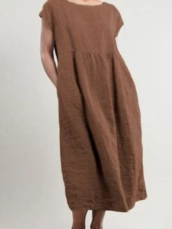 Women's Cotton Linen Dress A Line Dress Maxi Long Dress Cotton Blend Basic Casual Daily Vacation Crew Neck Patchwork Pocket Short Sleeve Summer Spring Linen Loose Fit Black White Pink Pure Color S M -HAYz Clothing Shop tzjels1624621331801