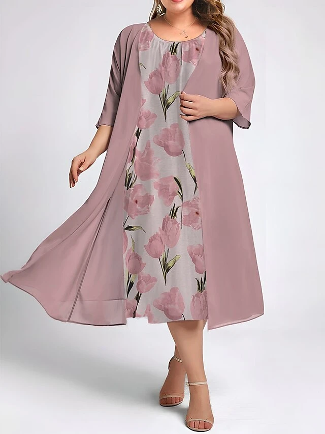Women's Plus Size Two Piece Dress Set Casual Dress Swing Dress Outdoor Daily Fashion Elegant Print Midi Dress Crew Neck 3/4 Length Sleeve Floral Loose Fit Pink Royal Blue Blue Fall Winter L XL XXL 2 Women's Plus Size Two Piece Dress Set Casual Dress Swing Dress Outdoor Daily Fashion Elegant Print Midi Dress Crew Neck 3/4 Length Sleeve Floral Loose Fit Pink Royal Blue Blue Fall Winter L XL XXL - Image 2