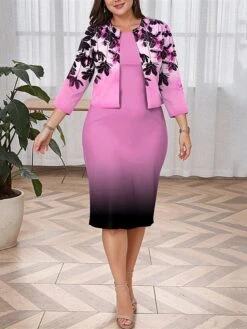 Women's Plus Size Curve Casual Dress Dress Set Two Piece Dress Floral Gradient Midi Dress Long Sleeve Print Crew Neck Fashion Outdoor Purple Fall Winter L XL XXL 3XL 4XL