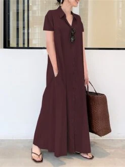 Women's Shirt Dress Casual Dress Cotton Linen Dress Maxi Long Dress Cotton Casual Daily Casual Daily Vacation Weekend Shirt Collar Button Pocket Short Sleeve Summer Spring 2023 Loose Fit Black Wine -HAYz Clothing Shop tzrhpw1689933269980