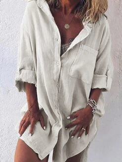 Women's Shirt Dress Casual Dress Linen Dress Mini Dress Cotton Linen Basic Classic Outdoor Daily Vacation Shirt Collar Button Pocket Long Sleeve Fall Autumn 2023 Loose Fit Black Light Green Gray Plain