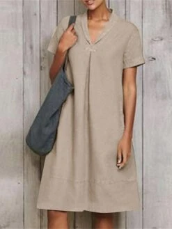 Women's Casual Dress Cotton Linen Dress A Line Dress Midi Dress Linen Cotton Blend Fashion Modern Outdoor Daily Vacation V Neck Ruched Short Sleeve Summer Spring 2023 Loose Fit ArmyGreen Wine Sky Blue -HAYz Clothing Shop uadtlq1678262787616