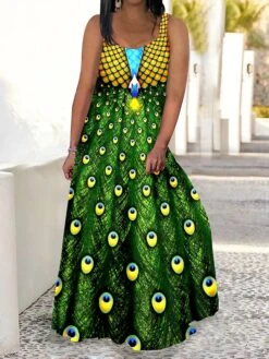 Women's Plus Size Curve Casual Dress Swing Dress Strap Dress Peacock Feather Maxi Long Dress Sleeveless Print Strap Romantic Daily Deep Purple Deep Green Summer Spring L XL XXL 3XL 4XL -HAYz Clothing Shop uafzmm1680773034181