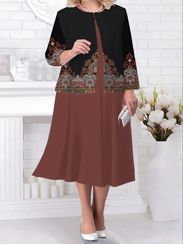 Women's Plus Size Two Piece Dress Set Casual Dress Paisley Dress Outdoor Office Fashion Streetwear Print Midi Dress Crew Neck Long Sleeve Floral Paisley Regular Fit Black Blue Brown Fall Winter L XL 1 Women's Plus Size Two Piece Dress Set Casual Dress Paisley Dress Outdoor Office Fashion Streetwear Print Midi Dress Crew Neck Long Sleeve Floral Paisley Regular Fit Black Blue Brown Fall Winter L XL