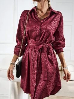 Women's Shirt Dress Midi Dress Outdoor Date Vacation Satin Fashion Elegant Shirt Collar Lace Up Button Long Sleeve Spring Fall Winter 2023 Loose Fit Black Wine Brown Pure Color S M L XL -HAYz Clothing Shop uaiwhy1692856936569