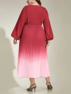 Women's Plus Size Work Dress Swing Dress Semi Formal Dress Fashion Long Dress Maxi Dress Pleated Print V Neck Long Sleeve Ombre Regular Fit Red Fall Winter L XL XXL 3XL 4XL -HAYz Clothing Shop uakgct1693300576705