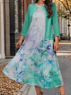 Women's Two Piece Dress Set Casual Dress Swing Dress Outdoor Office Fashion Streetwear Print Midi Dress Crew Neck 3/4 Length Sleeve Floral Ombre Regular Fit Pink Blue Purple Fall Winter S M L XL XXL -HAYz Clothing Shop uarkug1697782920600