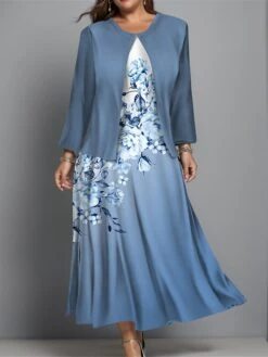 Women's Plus Size Two Piece Dress Set Casual Dress Swing Dress Outdoor Office Fashion Streetwear Print Midi Dress Crew Neck Long Sleeve Floral Ombre Regular Fit Blue Purple Green Fall Winter L XL XXL -HAYz Clothing Shop ubfrzp1697444369354