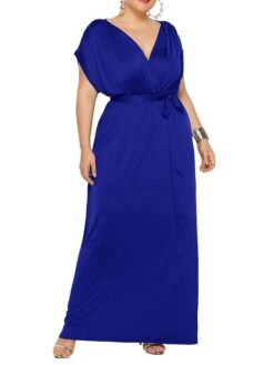 Women's Plus Size Curve Party Dress Sheath Dress Formal Dress Maxi Dress White Wine Royal Blue Short Sleeve Pure Color Lace Up Spring Fall Autumn V Neck Fashion Birthday Wedding Guest Vacation -HAYz Clothing Shop uchvwy1692178812470