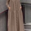 Women's Shirt Dress Casual Dress Cotton Linen Dress Maxi Long Dress Cotton Basic Classic Outdoor Daily Vacation Stand Collar Button Pocket Long Sleeve Spring Fall Winter 2023 Loose Fit Black Red Camel
