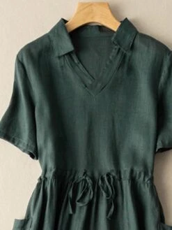 Women's Casual Dress Cotton Linen Dress A Line Dress Midi Dress Cotton Blend Basic Casual Outdoor Vacation Shirt Collar Pocket Short Sleeve Summer Spring 2023 Regular Fit Red Green Gray Plain M L XL -HAYz Clothing Shop ucoarw1682673450037