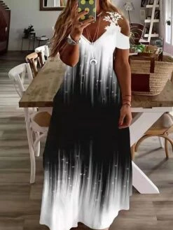 Women‘s Plus Size Curve Casual Dress A Line Dress Floral Tie Dye Long Dress Maxi Dress Short Sleeve Cut Out Print V Neck Fashion Daily Light Yellow Black Spring Summer L XL XXL 3XL