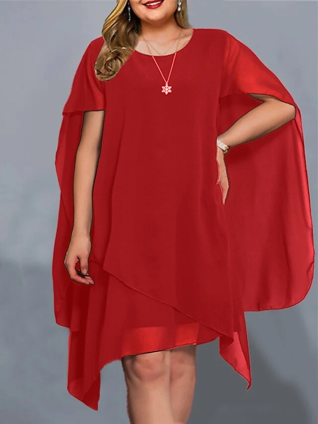 Women‘s Plus Size Curve Work Dress Chiffon Dress Solid Color Midi Dress Short Sleeve Asymmetric Crew Neck Elegant Office Black Red Summer Spring L XL XXL 3XL 4XL 3 Women‘s Plus Size Curve Work Dress Chiffon Dress Solid Color Midi Dress Short Sleeve Asymmetric Crew Neck Elegant Office Black Red Summer Spring L XL XXL 3XL 4XL - Image 3