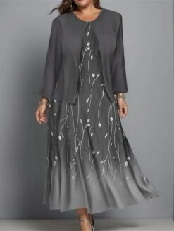 Women's Plus Size Two Piece Dress Set Casual Dress Swing Dress Outdoor Office Fashion Streetwear Print Midi Dress Crew Neck Long Sleeve Floral Ombre Regular Fit Wine Blue Green Fall Winter L XL XXL -HAYz Clothing Shop udcfyb1697444373869