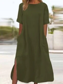 Women's Casual Dress Cotton Linen Dress A Line Dress Maxi Long Dress Cotton Blend Basic Modern Outdoor Daily Crew Neck Pocket Split Short Sleeve Summer Spring 2023 Loose Fit ArmyGreen Black Wine Plain -HAYz Clothing Shop udfayc1684825418243