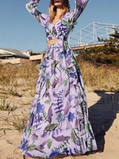 Women's Two Piece Dress Set Casual Dress Skirt Set Outdoor Daily Fashion Elegant Ruffle Print Long Dress Maxi Dress V Neck Long Sleeve Leaf Floral Regular Fit Purple Apricot Summer Spring S M L XL -HAYz Clothing Shop udhbax1689579866295