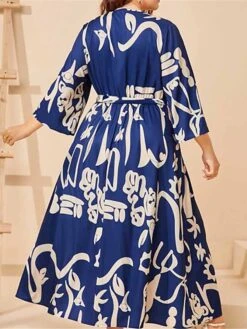 Women's Plus Size Work Dress Swing Dress Semi Formal Dress Fashion Long Dress Maxi Dress Lace Up Print V Neck 3/4 Length Sleeve Color Block Graffiti Regular Fit Navy Blue Fall Winter XL XXL 3XL 4XL -HAYz Clothing Shop udhbri1693300578366