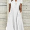 Women's Casual Dress Cotton Linen Dress White Dress Maxi Long Dress Cotton Blend Basic Modern Outdoor Daily Split Neck Patchwork Button Short Sleeve Summer Spring 2023 Regular Fit White Plain S M L