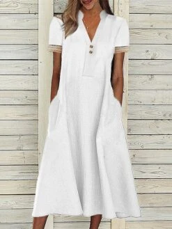 Women's Casual Dress Cotton Linen Dress White Dress Maxi Long Dress Cotton Blend Basic Modern Outdoor Daily Split Neck Patchwork Button Short Sleeve Summer Spring 2023 Regular Fit White Plain S M L