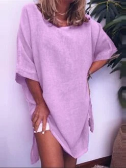 Women's Cotton Linen Dress A Line Dress Mini Dress Cotton Blend Casual Comfort Home Daily Crew Neck Rolled Cuff Half Sleeve Summer Spring Loose Fit White Pink Blue Pure Color S M L XL 2XL -HAYz Clothing Shop udmgxv1679383093701