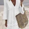 Women's Cotton Linen Dress Casual Dress Midi Dress Cotton Blend Fashion Basic Outdoor Daily Vacation Deep V Lace Patchwork Long Sleeve Summer Spring Fall 2023 Loose Fit White Plain S M L XL 2XL