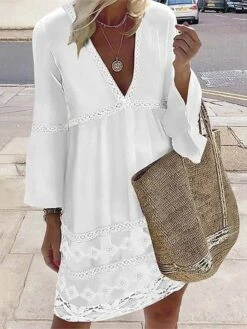 Women's Cotton Linen Dress Casual Dress Midi Dress Cotton Blend Fashion Basic Outdoor Daily Vacation Deep V Lace Patchwork Long Sleeve Summer Spring Fall 2023 Loose Fit White Plain S M L XL 2XL