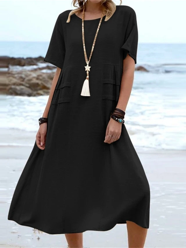 Women's Casual Dress Cotton Linen Dress A Line Dress Midi Dress Polyester Fashion Modern Outdoor Daily Vacation Crew Neck Basic Short Sleeve Summer Spring 2023 Loose Fit Black Pink Blue Plain S M L 5 Women's Casual Dress Cotton Linen Dress A Line Dress Midi Dress Polyester Fashion Modern Outdoor Daily Vacation Crew Neck Basic Short Sleeve Summer Spring 2023 Loose Fit Black Pink Blue Plain S M L - Image 5