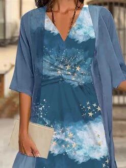 Women's Two Piece Dress Set Casual Dress Chiffon Dress Outdoor Daily Fashion Streetwear Knot Front Print Midi Dress V Neck 3/4 Length Sleeve Star Ombre Regular Fit Blue Fall Winter S M L XL XXL -HAYz Clothing Shop udstdu1693884681311