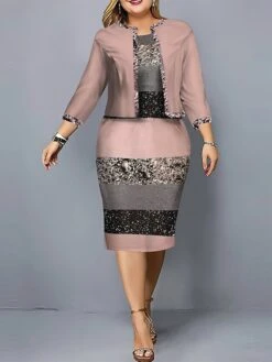 Women's Plus Size Curve Casual Dress Dress Set Two Piece Dress Gradient Stripe Midi Dress Long Sleeve Print Crew Neck Fashion Outdoor Pink Blue Fall Winter L XL XXL 3XL 4XL -HAYz Clothing Shop udxarm1695362841462