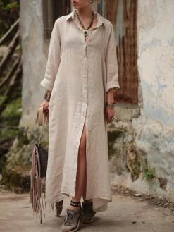 Women's Shirt Dress Casual Dress Cotton Linen Dress Maxi Long Dress Linen / Cotton Blend Basic Classic Outdoor Daily Vacation Shirt Collar Button Split Long Sleeve Summer Spring Fall 2023 Loose Fit -HAYz Clothing Shop ueitjw1692084505390