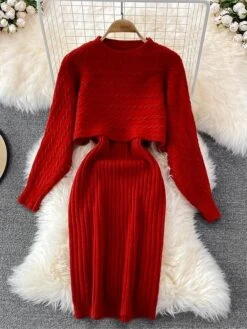 Women's Two Piece Dress Set Casual Dress Sheath Dress Outdoor Daily Fashion Streetwear Ruched Midi Dress Crew Neck Long Sleeve Plain Loose Fit Black White Wine Fall Winter One-Size -HAYz Clothing Shop uekelg1694057143292