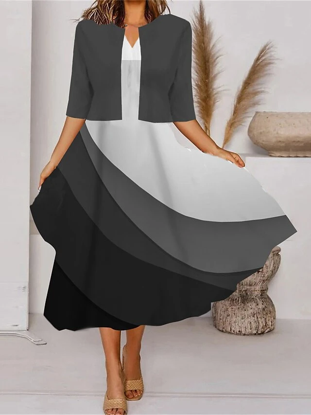 Women's Two Piece Dress Set Casual Dress Tank Dress Outdoor Daily Fashion Streetwear Pocket Print Midi Dress V Neck 3/4 Length Sleeve Geometric Color Block Regular Fit Black White Blue Spring Fall S 4 Women's Two Piece Dress Set Casual Dress Tank Dress Outdoor Daily Fashion Streetwear Pocket Print Midi Dress V Neck 3/4 Length Sleeve Geometric Color Block Regular Fit Black White Blue Spring Fall S - Image 4