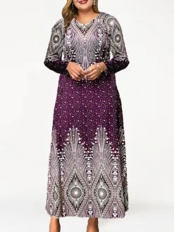 Women's Plus Size Curve Party Dress Cocktail Dress Sheath Dress Geometric Long Dress Maxi Dress Long Sleeve Print V Neck Fashion Party Red Blue Fall Winter L XL XXL 3XL 4XL -HAYz Clothing Shop ueqsor1695031522434