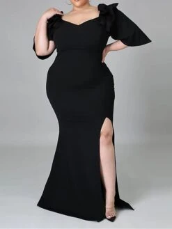 Women's Plus Size Curve Party Dress Bodycon Sheath Dress Plain Long Dress Maxi Dress 3/4 Length Sleeve Ruffle Split Off Shoulder Fashion Party Black White Fall Winter XL XXL 3XL 4XL 5XL -HAYz Clothing Shop ueqzlc1694151470008