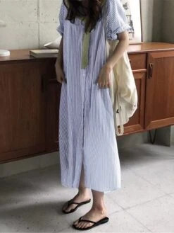 Women's Shirt Dress Casual Dress Cotton Linen Dress Maxi Long Dress Polyester Fashion Modern Outdoor Daily Vacation Shirt Collar Button Print Half Sleeve Summer Spring Fall 2023 Loose Fit Black Blue -HAYz Clothing Shop uexnfb1689933197930