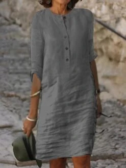 Women‘s Casual Dress Shirt Dress Cotton Linen Dress Shift Dress Midi Dress Bamboo Fashion Basic Outdoor Daily Vacation Crew Neck Button 3/4 Length Sleeve Summer Spring Fall 2023 Loose Fit White -HAYz Clothing Shop ufadud1684812620907