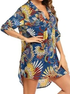 Women's Shirt Dress Beach Dress Beach Wear Mini Dress Button Plus High Low Casual Leopard Turndown 3/4 Length Sleeve Loose Fit Outdoor Daily Azure Black 2023 Spring Summer S M L XL -HAYz Clothing Shop ufjljh1676892562635