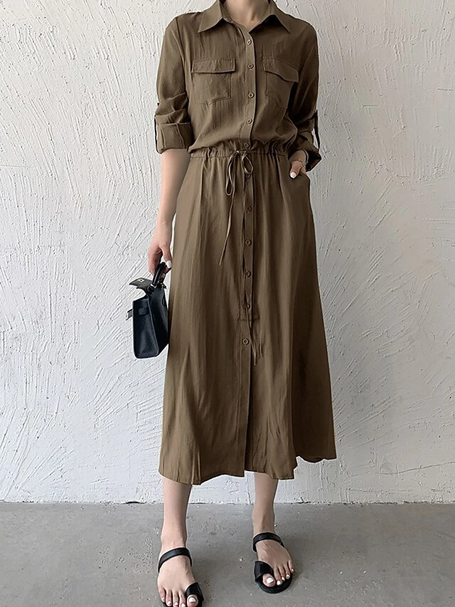 Women's Shirt Dress Casual Dress Maxi Long Dress Outdoor Daily Date Polyester Fashion Classic Shirt Collar Button Pocket Long Sleeve Fall Winter 2023 Loose Fit ArmyGreen Black Brown Pure Color S M L 10 Women's Shirt Dress Casual Dress Maxi Long Dress Outdoor Daily Date Polyester Fashion Classic Shirt Collar Button Pocket Long Sleeve Fall Winter 2023 Loose Fit ArmyGreen Black Brown Pure Color S M L - Image 10
