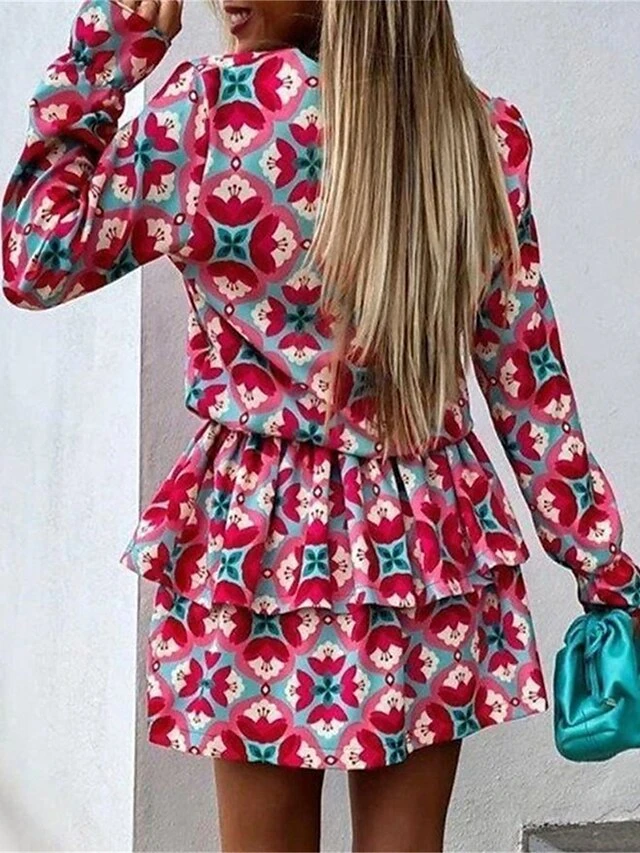 Women's Two Piece Dress Set Casual Dress Skirt Set Daily Holiday Fashion Streetwear Ruffle Print Mini Dress Crew Neck Long Sleeve Floral Loose Fit Red Summer Spring S M L XL 2 Women's Two Piece Dress Set Casual Dress Skirt Set Daily Holiday Fashion Streetwear Ruffle Print Mini Dress Crew Neck Long Sleeve Floral Loose Fit Red Summer Spring S M L XL - Image 2