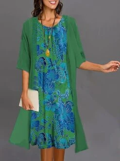 Women's Two Piece Dress Set Casual Dress Print Dress Outdoor Daily Fashion Elegant Print Midi Dress Crew Neck 3/4 Length Sleeve Floral Regular Fit Wine Navy Blue Blue Summer Spring S M L XL XXL -HAYz Clothing Shop ugdivn1687920844502