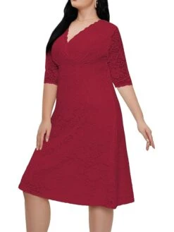Women‘s Plus Size Curve Party Dress Lace Dress White Dress Solid Color Midi Dress Half Sleeve Lace V Neck Fashion Party White Red Summer Spring XL XXL 3XL 4XL 5XL -HAYz Clothing Shop ugekzv1681204550044