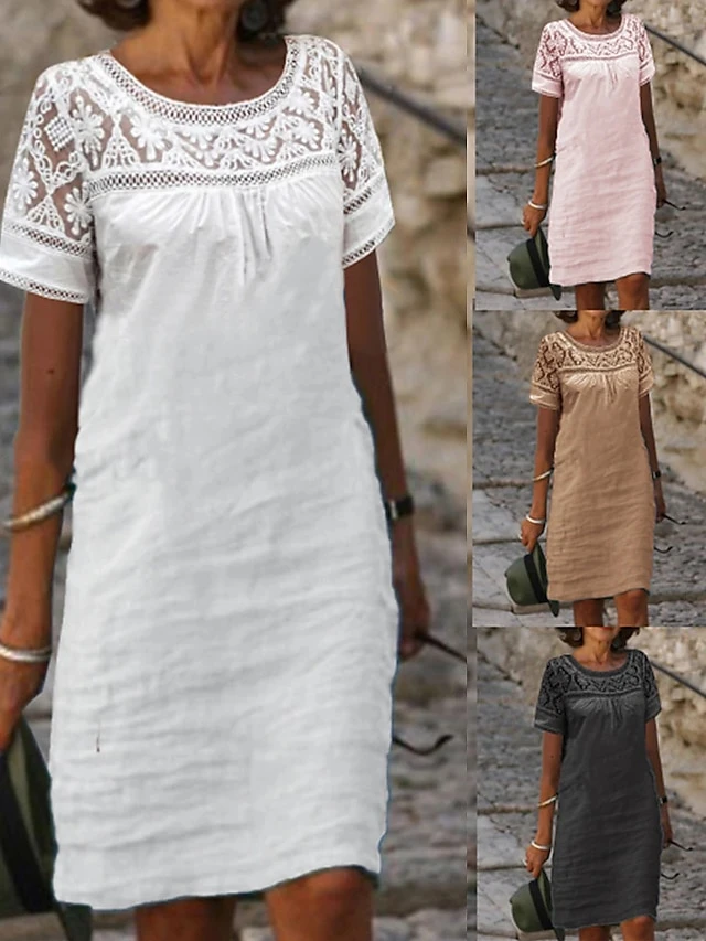 Women's Casual Dress Cotton Linen Dress Lace Dress Midi Dress Cotton Blend Basic Classic Outdoor Daily Crew Neck Lace Patchwork Short Sleeve Summer Spring 2023 Loose Fit Black White Pink Plain S M L 5 Women's Casual Dress Cotton Linen Dress Lace Dress Midi Dress Cotton Blend Basic Classic Outdoor Daily Crew Neck Lace Patchwork Short Sleeve Summer Spring 2023 Loose Fit Black White Pink Plain S M L - Image 5