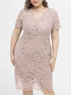 Women's Plus Size Curve Party Dress Lace Dress Cocktail Dress Midi Dress Black Pink Wine Short Sleeve Pure Color Lace Summer Spring Fall V Neck Fashion Birthday Wedding Guest Vacation XL XXL 3XL 4XL -HAYz Clothing Shop ugivuq1692165635041