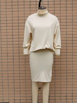 Women's Two Piece Dress Set Casual Dress Skirt Set Outdoor Daily Fashion Streetwear Split Ribbed Midi Dress Turtleneck Long Sleeve Plain Loose Fit Black Brown Beige Fall Winter S M L XL -HAYz Clothing Shop ugjtrd1694596422224