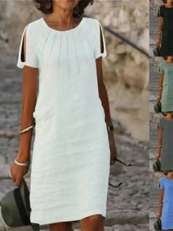 Women's Casual Dress Cotton Dress Shift Dress Midi Dress Cotton Blend Fashion Basic Outdoor Daily Vacation Crew Neck Cut Out Short Sleeve Summer Spring 2023 Loose Fit Black White Blue Plain S M L XL